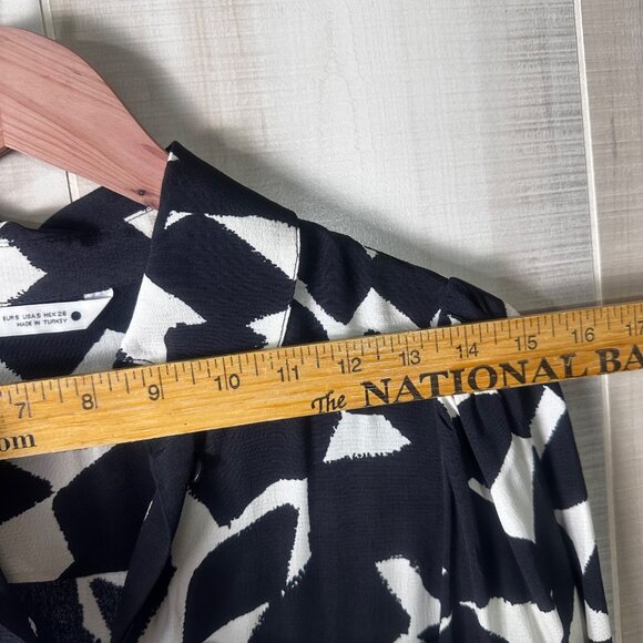 Zara Midi Dress Black & Cream Abstract Print Viscose Button Front Long Sleeve S - Picture 6 of 12